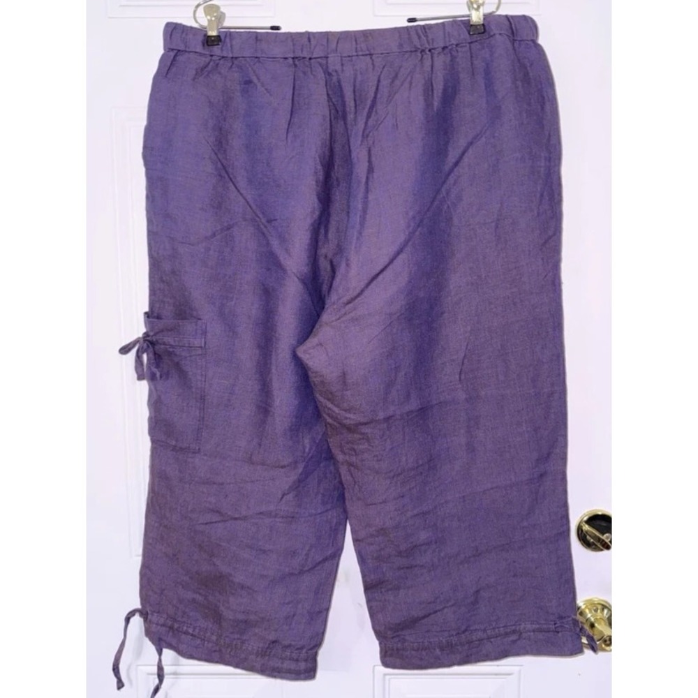 Coldwater Creek 20W 100% Linen Purple Crop Pants Drawstrings Cargo Relaxed Fit